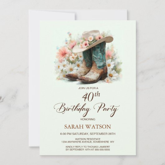 40th Birthday Cowgirl Boots and Hat Birthday Party Kaart (Voorkant)