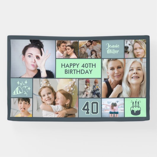 40th Birthday Custom Photo Collage Dusty Green Spandoek (Horizontaal)