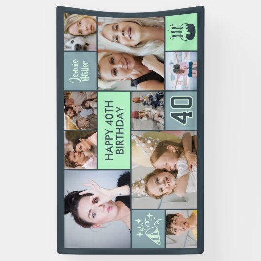 40th Birthday Custom Photo Collage Dusty Green Spandoek (Verticaal)