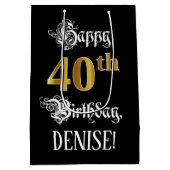 40th Birthday ~ Fancy Script; Faux Gold Look; Name Medium Cadeauzakje (Achterkant)