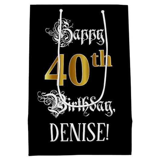 40th Birthday ~ Fancy Script; Faux Gold Look; Name Medium Cadeauzakje (Achterkant)
