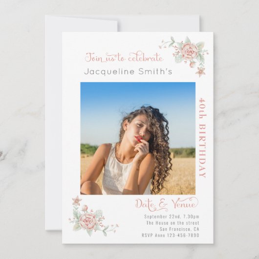 40th Birthday Floral Photo Invitation Kaart (Voorkant)