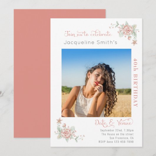 40th Birthday Floral Photo Invitation Kaart (Voorkant / Achterkant)