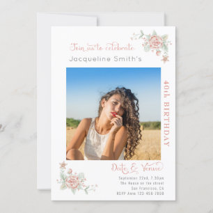 40th Birthday Floral Photo Invitation Kaart