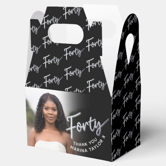 40th birthday Forty script silver black photo Bedankdoosjes (Geopend)