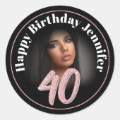 40th Birthday foto script roos roze aangepaste naa Ronde Sticker (Voorkant)