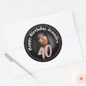 40th Birthday foto script roos roze aangepaste naa Ronde Sticker (Envelop)