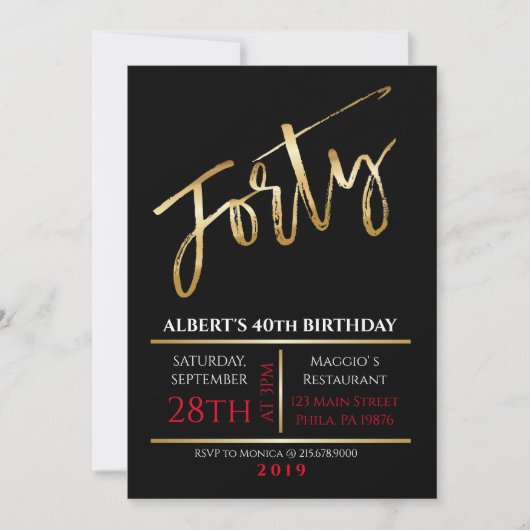 40th Birthday Gold Black Party Invitation Kaart (Voorkant)