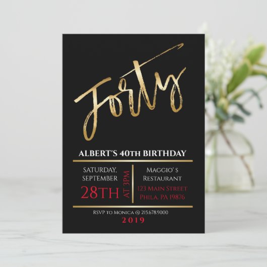 40th Birthday Gold Black Party Invitation Kaart (Staand voorkant)