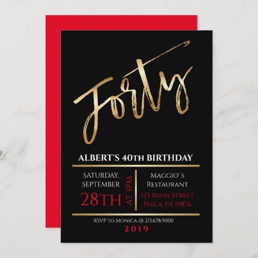 40th Birthday Gold Black Party Invitation Kaart (Voorkant / Achterkant)