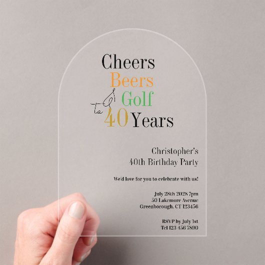 40th Birthday Golf Cheers Beers Party Acryl Uitnodigingen (Insitu (Draagbaar))