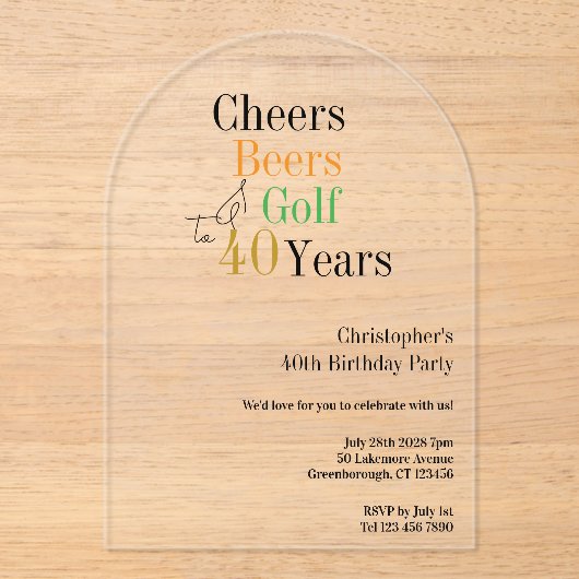 40th Birthday Golf Cheers Beers Party Acryl Uitnodigingen (Voorkant)