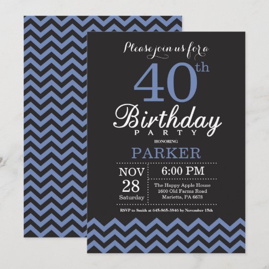 40th Birthday Invitation Black and Blue Kaart (Voorkant / Achterkant)