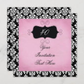 40th Birthday Invitation Black and Pink Damask Kaart (Voorkant / Achterkant)