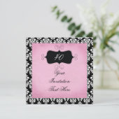 40th Birthday Invitation Black and Pink Damask Kaart (Staand voorkant)