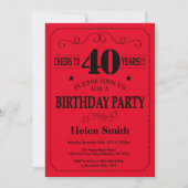 40th Birthday Invitation Black and Red Kaart (Voorkant)