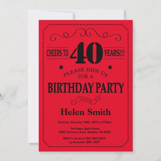 40th Birthday Invitation Black and Red Kaart (Voorkant)