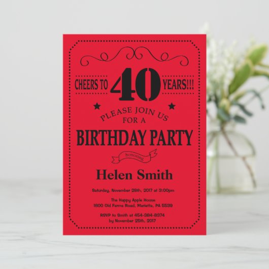 40th Birthday Invitation Black and Red Kaart (Staand voorkant)