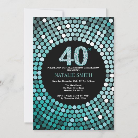 40th Birthday Invitation Black en Blauwgroen Glitt Kaart (Voorkant)