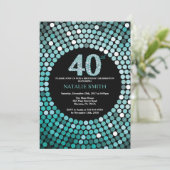 40th Birthday Invitation Black en Blauwgroen Glitt Kaart (Staand voorkant)
