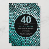 40th Birthday Invitation Black en Blauwgroen Glitt Kaart (Voorkant / Achterkant)
