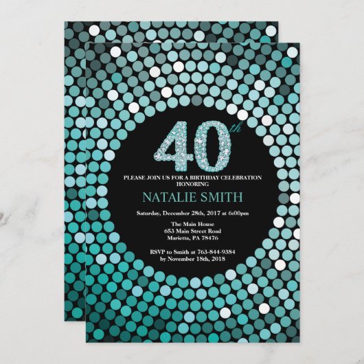 40th Birthday Invitation Black en Blauwgroen Glitt Kaart (Voorkant / Achterkant)