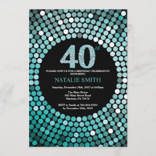 40th Birthday Invitation Black en Blauwgroen Glitt Kaart