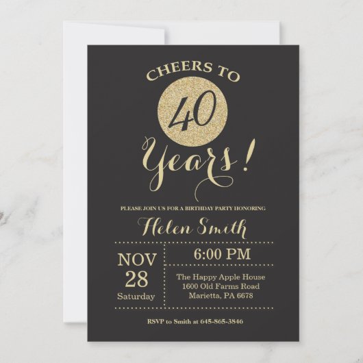 40th Birthday Invitation Black en Gold Glitter Kaart (Voorkant)