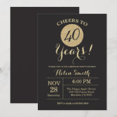 40th Birthday Invitation Black en Gold Glitter Kaart (Voorkant / Achterkant)
