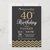 40th Birthday Invitation Black en Gold Glitter Kaart (Voorkant)