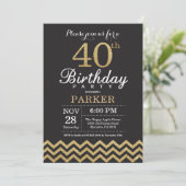 40th Birthday Invitation Black en Gold Glitter Kaart (Staand voorkant)