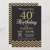 40th Birthday Invitation Black en Gold Glitter Kaart (Voorkant / Achterkant)