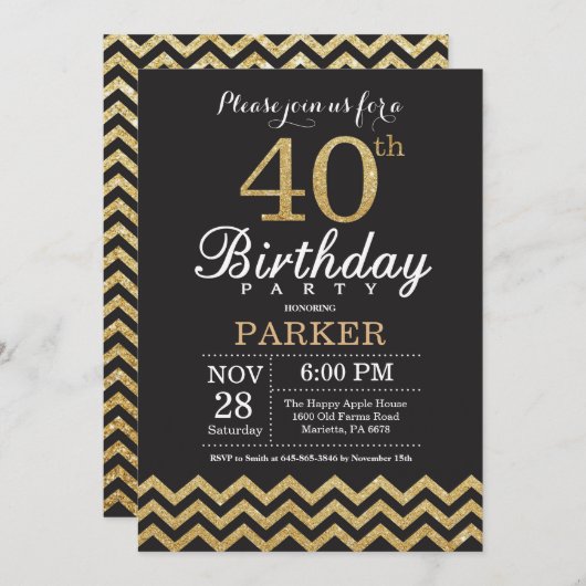 40th Birthday Invitation Black en Gold Glitter Kaart (Voorkant / Achterkant)
