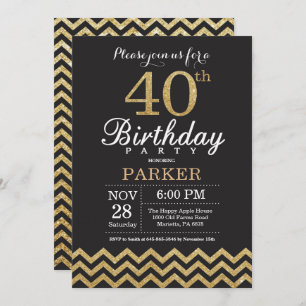 40th Birthday Invitation Black en Gold Glitter Kaart