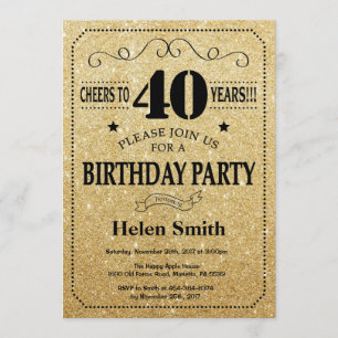 40th Birthday Invitation Black en Gold Glitter Kaart