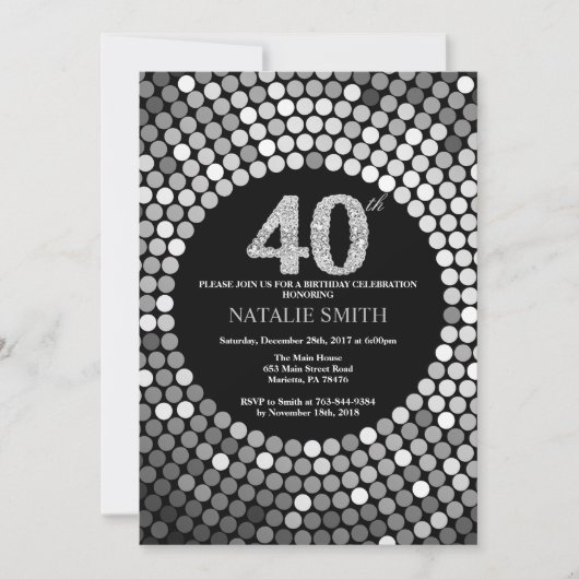 40th Birthday Invitation Black en Silver Glitter Kaart (Voorkant)