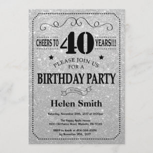 40th Birthday Invitation Black en Silver Glitter Kaart