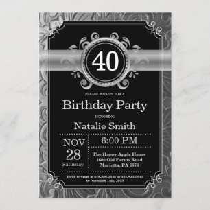 40th Birthday Invitation Black en Silver Glitter Kaart