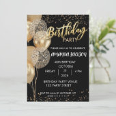 40th Birthday Invitation Black Gold Balloons Kaart (Staand voorkant)