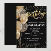 40th Birthday Invitation Black Gold Balloons Kaart (Voorkant / Achterkant)