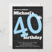 40th Birthday Invitation Black met Blue Accent Kaart (Voorkant)