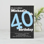 40th Birthday Invitation Black met Blue Accent Kaart (Staand voorkant)