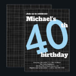 40th Birthday Invitation Black met Blue Accent Kaart<br><div class="desc">Deze moderne 4e verjaardag-uitnodiging is perfect voor een verjaardagsfeestje van het man met eenvoudige regels en geen fraai design. Gebruik het formulier sjabloon om je gegevens toe te voegen. De CUSTOMIZE eigenschap kan worden gebruikt om de doopvont (stijl, grootte en kleuren) te veranderen, dingen rond te bewegen of tekst aan...</div>