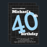 40th Birthday Invitation Black met Blue Accent Kaart<br><div class="desc">Deze moderne 4e verjaardag-uitnodiging is perfect voor een verjaardagsfeestje van het man met eenvoudige regels en geen fraai design. Gebruik het formulier sjabloon om je gegevens toe te voegen. De CUSTOMIZE eigenschap kan worden gebruikt om de doopvont (stijl, grootte en kleuren) te veranderen, dingen rond te bewegen of tekst aan...</div>