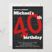 40th Birthday Invitation Black met Red Accent, Kaart (Voorkant)