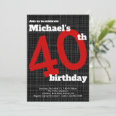 40th Birthday Invitation Black met Red Accent, Kaart (Staand voorkant)