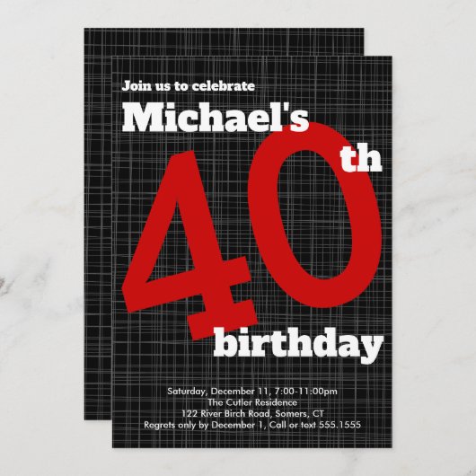 40th Birthday Invitation Black met Red Accent, Kaart (Voorkant / Achterkant)