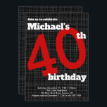 40th Birthday Invitation Black met Red Accent, Kaart<br><div class="desc">Deze moderne 40ste verjaardagsuitnodiging is perfect voor een verjaardagsfeestje van het man met eenvoudige regels en geen fraai design. Gebruik het formulier sjabloon om je gegevens toe te voegen. De CUSTOMIZE eigenschap kan worden gebruikt om de doopvont (stijl, grootte en kleuren) te veranderen, dingen rond te bewegen of tekst aan...</div>