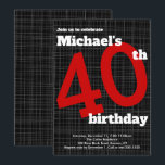 40th Birthday Invitation Black met Red Accent, Kaart<br><div class="desc">Deze moderne 40ste verjaardagsuitnodiging is perfect voor een verjaardagsfeestje van het man met eenvoudige regels en geen fraai design. Gebruik het formulier sjabloon om je gegevens toe te voegen. De CUSTOMIZE eigenschap kan worden gebruikt om de doopvont (stijl, grootte en kleuren) te veranderen, dingen rond te bewegen of tekst aan...</div>