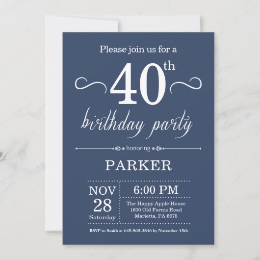 40th Birthday Invitation Blue Kaart (Voorkant)